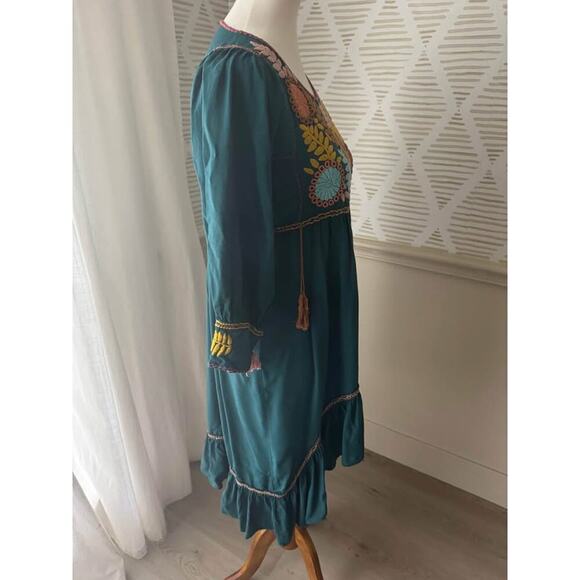 Boutique Women’s Small Embroidered Teal Boho High Low Mini Dress - Picture 5 of 6